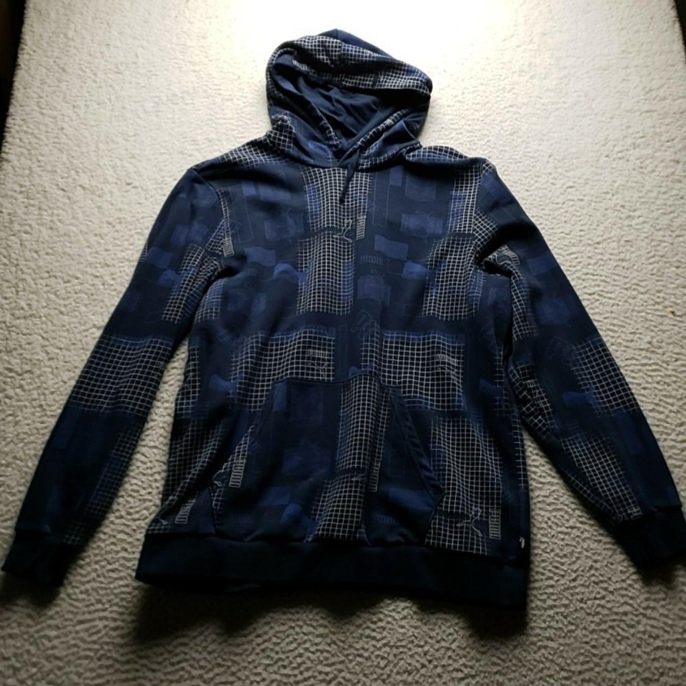 Puma Hoodie Mens XL Blue Geometric Allover Fleece Pullover Kangaroo Pocket